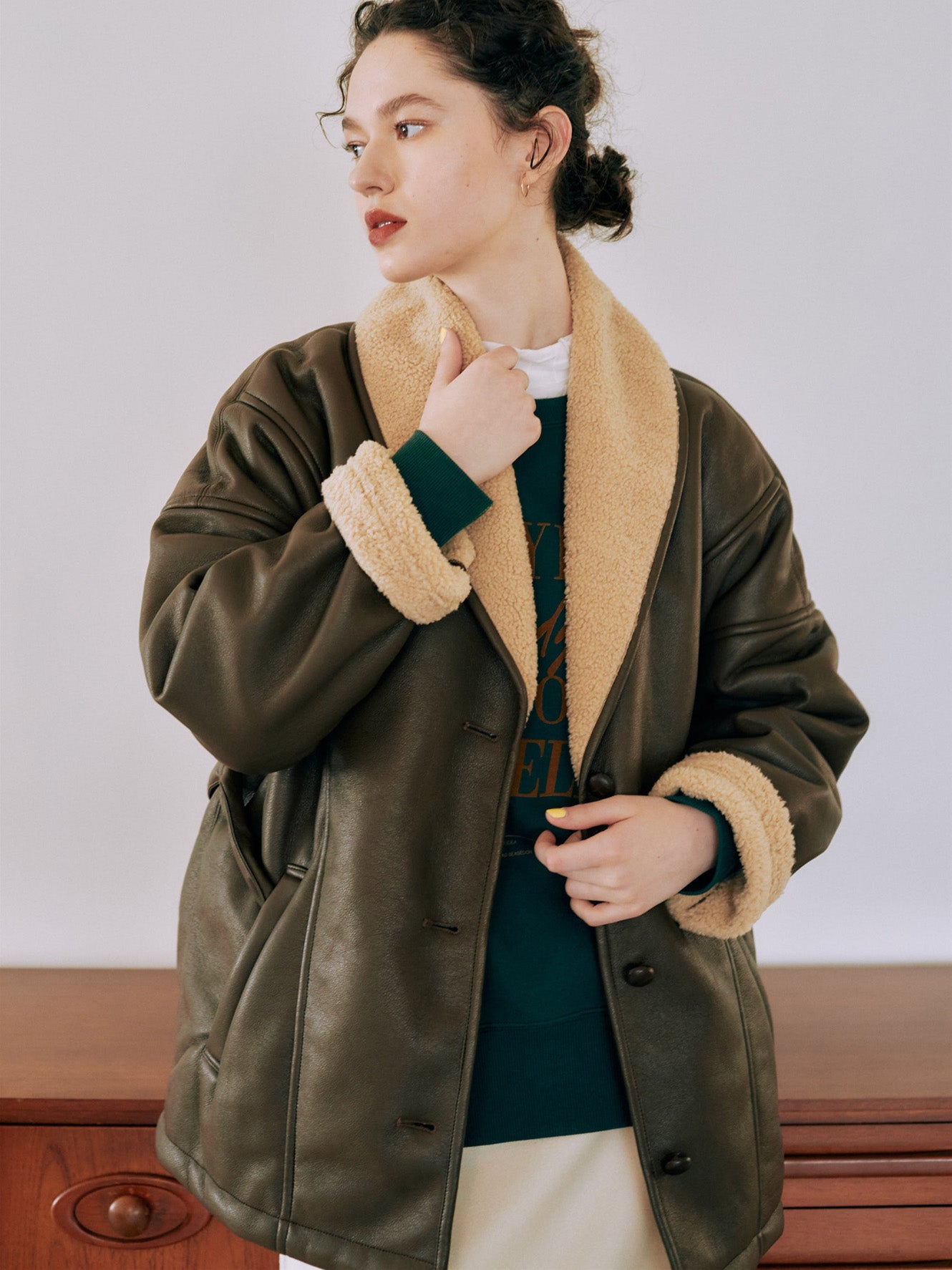 Faux leather shawl collar outer – +81BRANCA