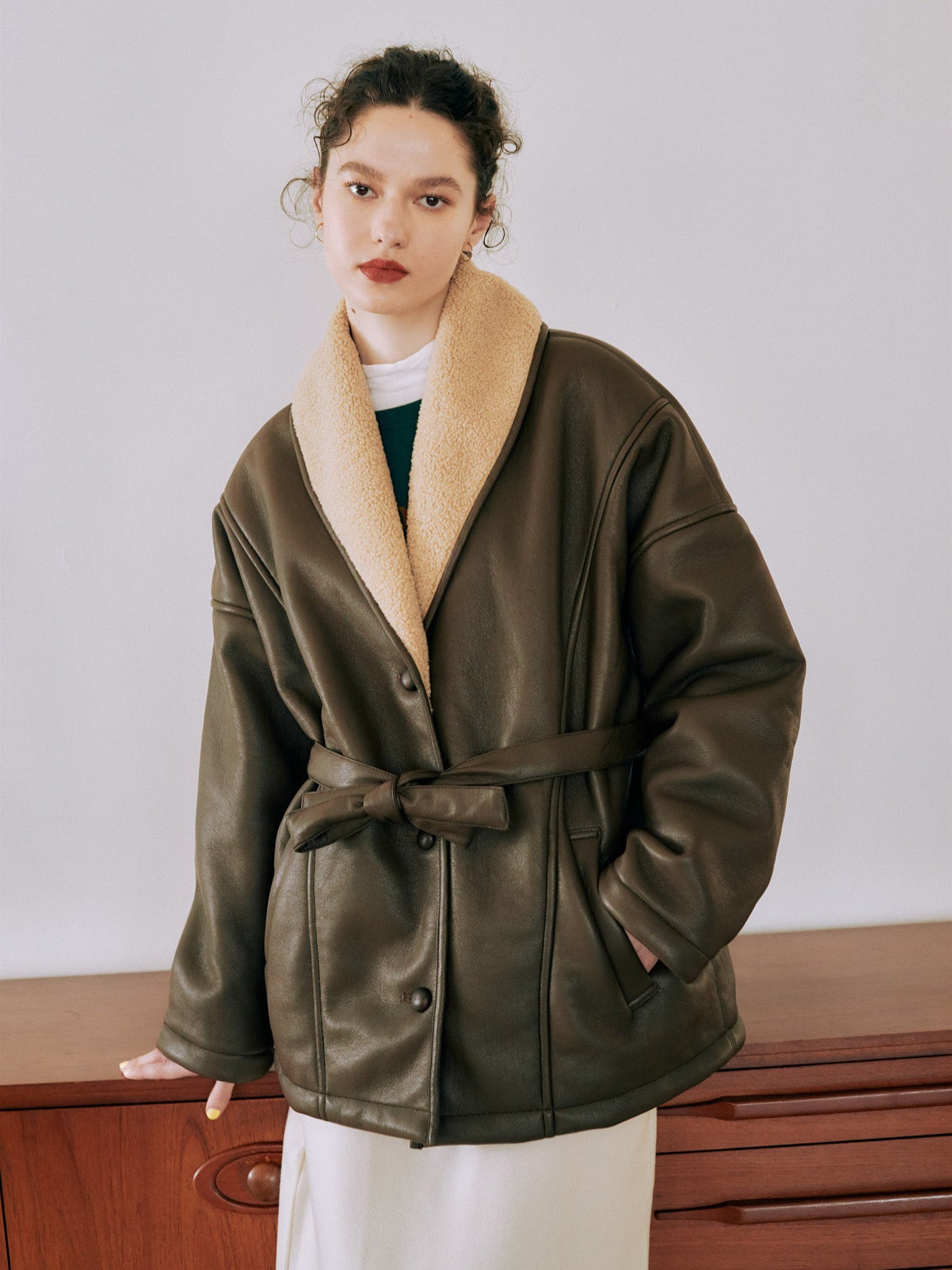 Faux leather shawl collar outer – +81BRANCA