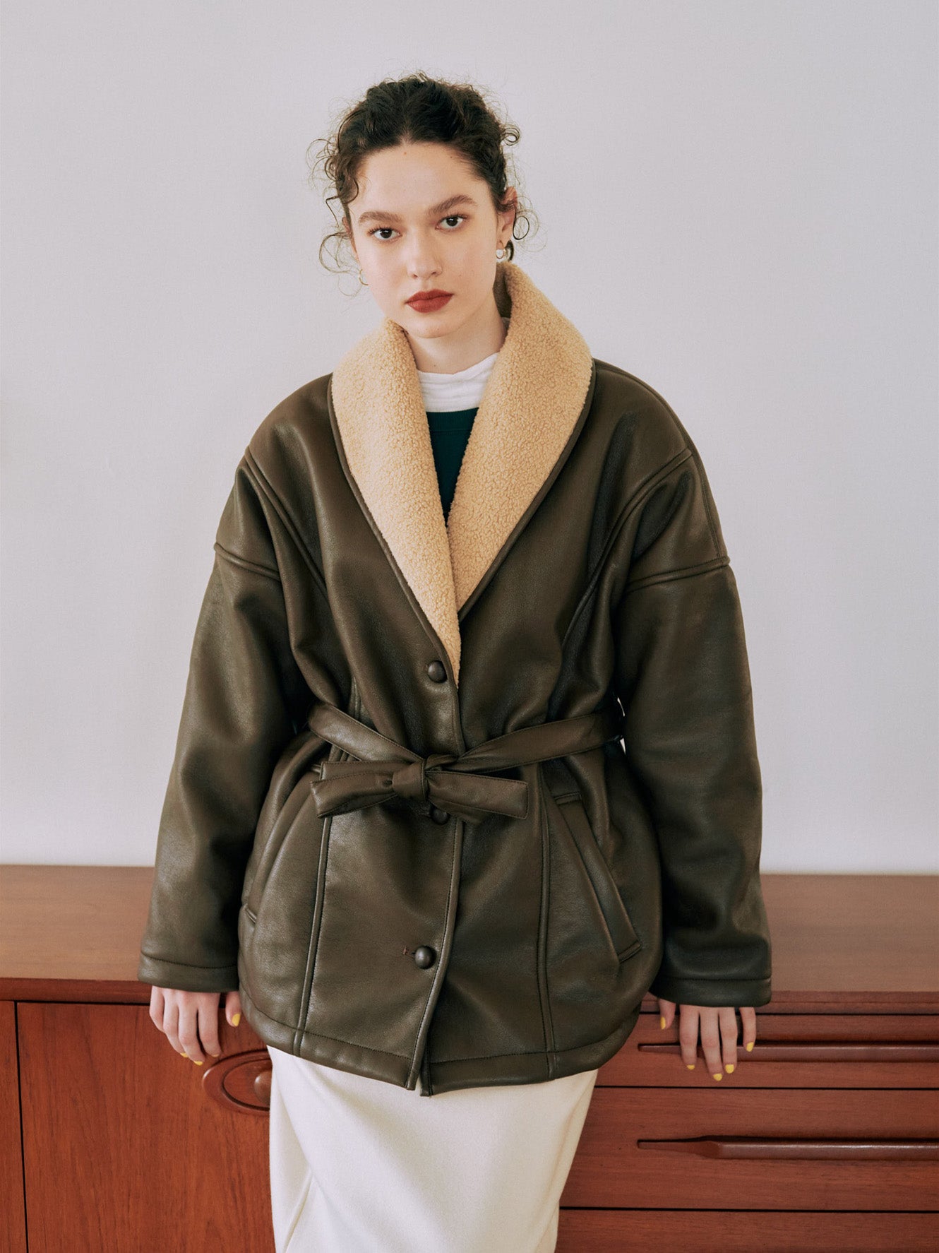 Faux leather shawl collar outer – +81BRANCA