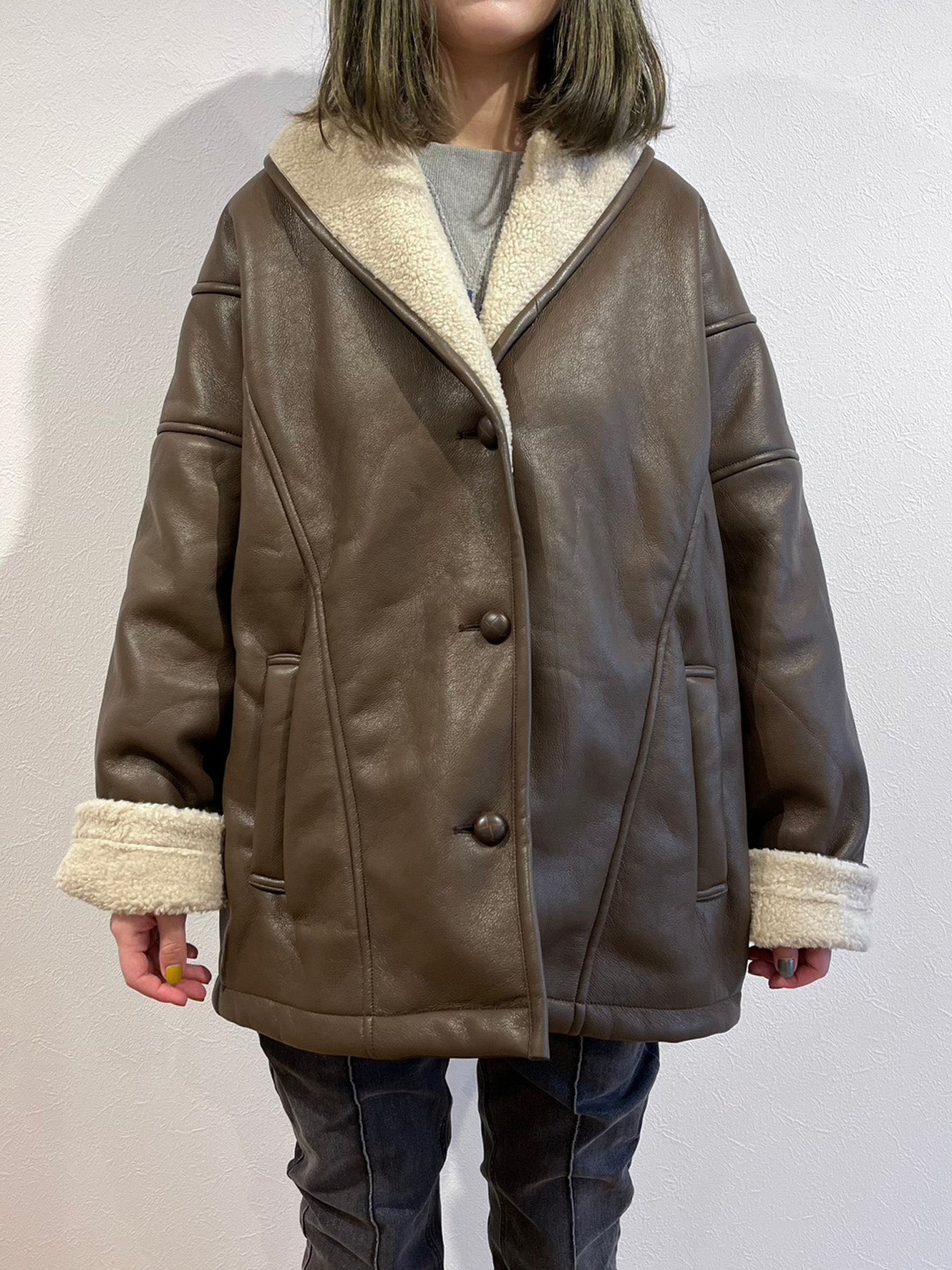 Faux leather shawl collar outer – +81BRANCA