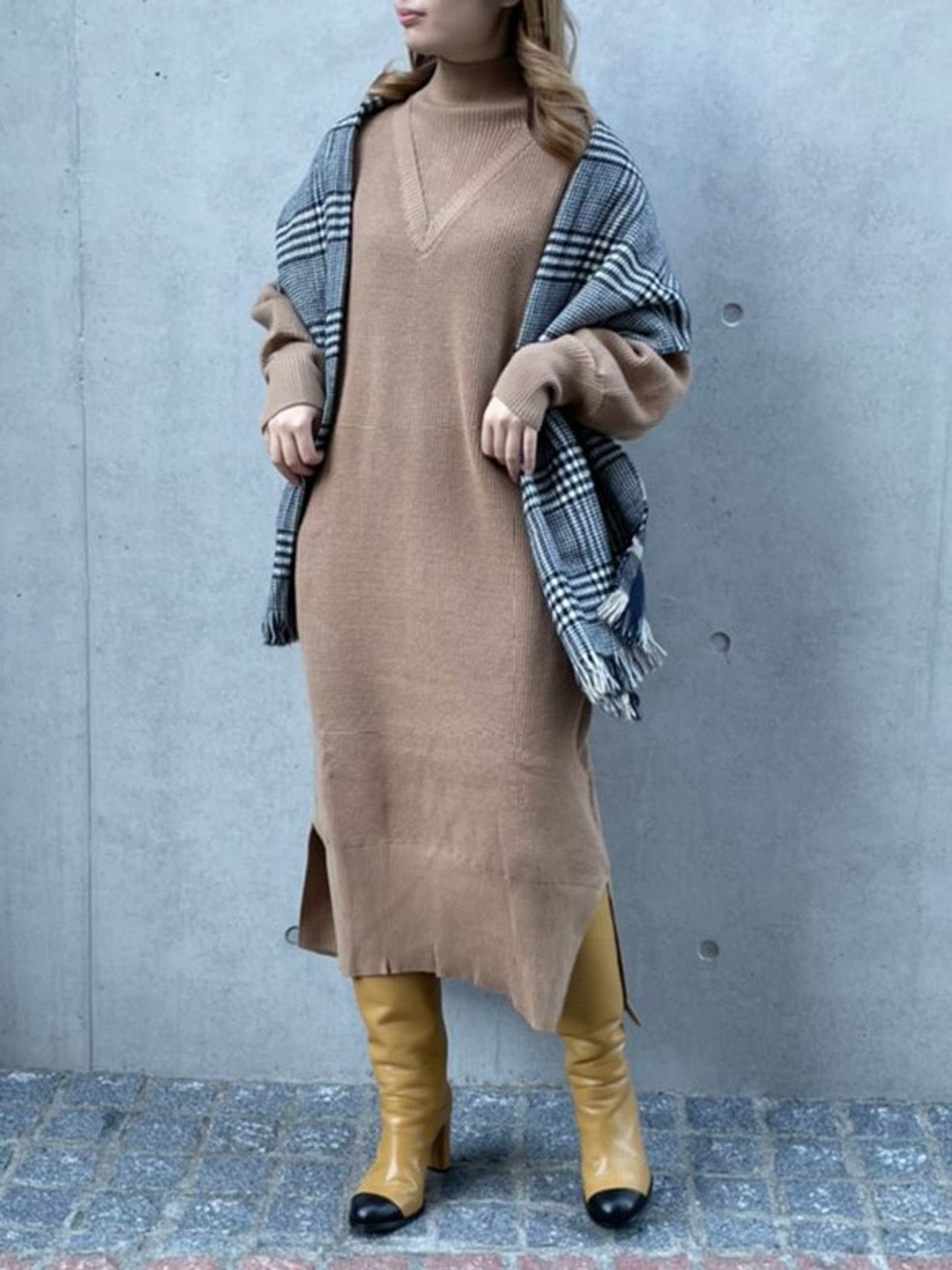 layered neck waffle Knit OP